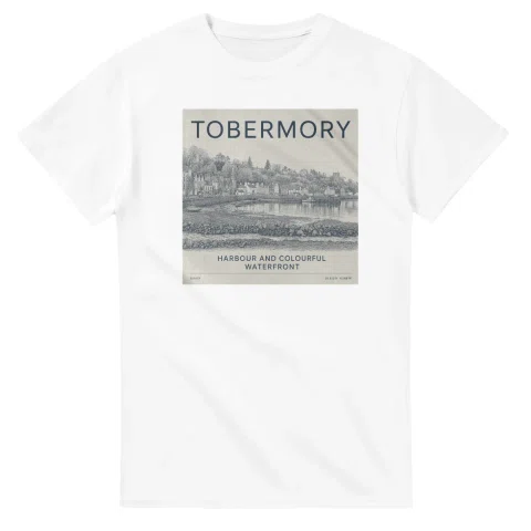 Fine-line engraving-style drawing for Tobermory, with a landmark caption and small coordinate text.