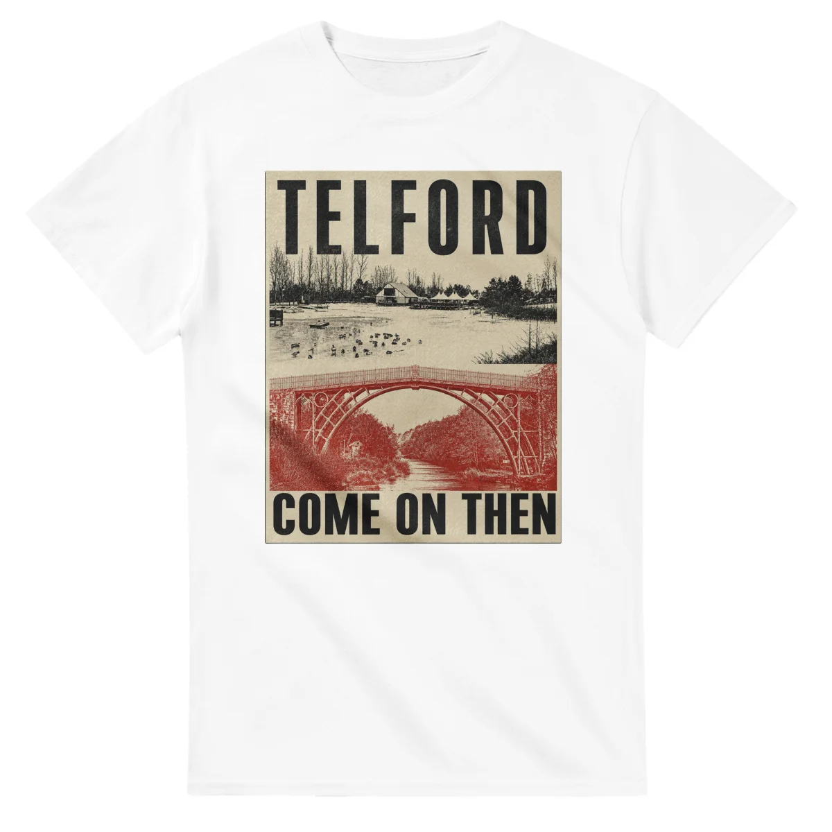 Two-colour scenic illustration for Telford, with the place name and COME ON THEN lettering.