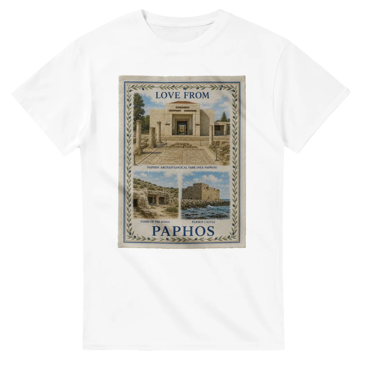 Framed scenic design for Paphos, with several local views, a decorative border and LOVE FROM lettering.