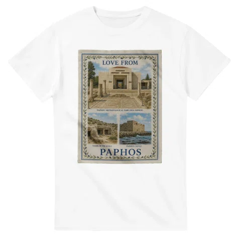 Framed scenic design for Paphos, with several local views, a decorative border and LOVE FROM lettering.