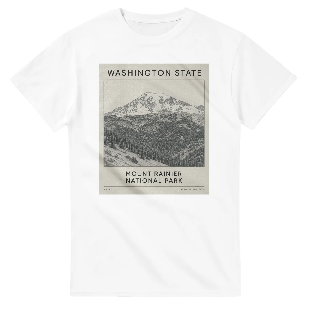 Fine-line engraving-style drawing for Washington State, with a landmark caption and small coordinate text.