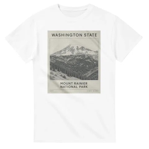 Fine-line engraving-style drawing for Washington State, with a landmark caption and small coordinate text.