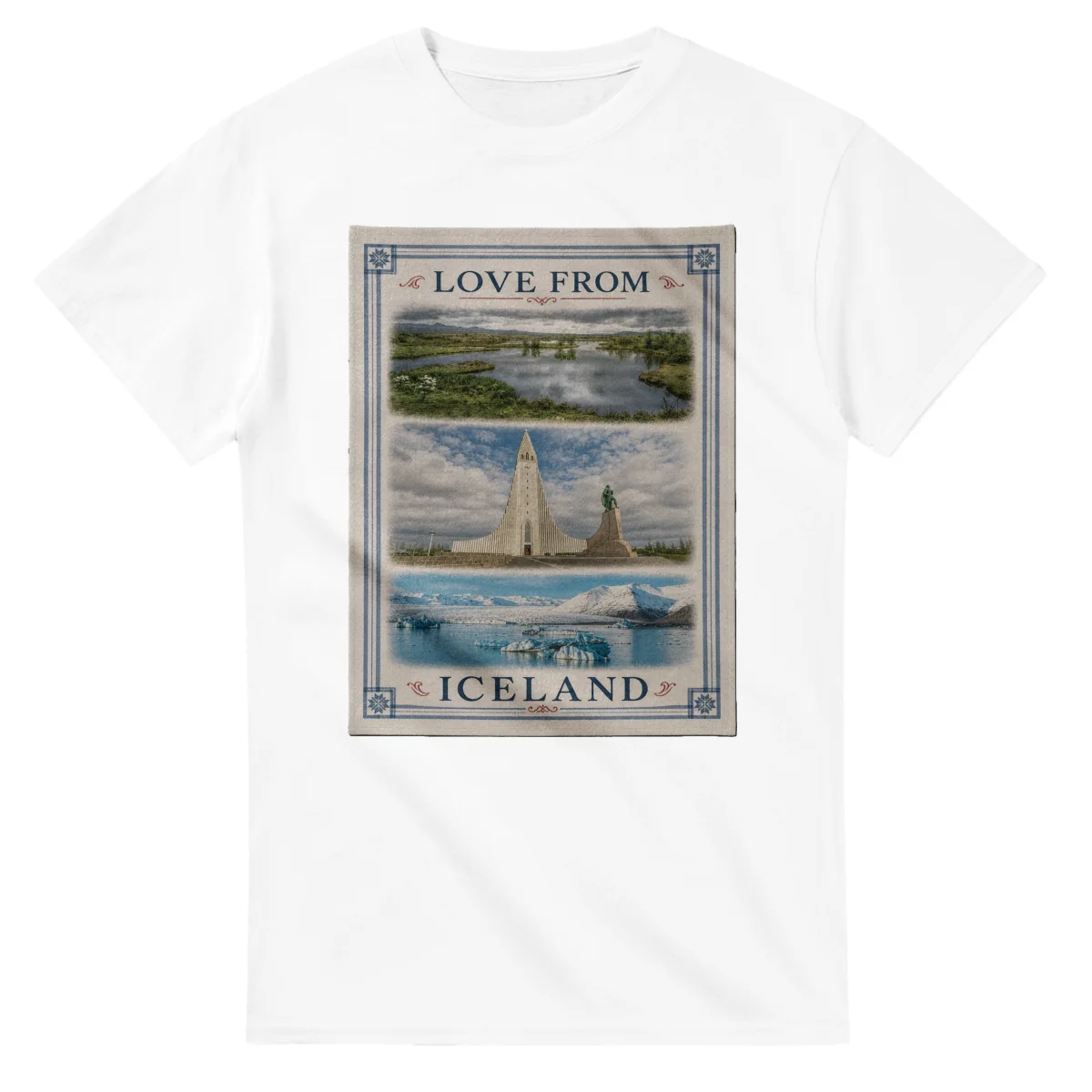 Framed scenic design for Iceland, with several local views, a decorative border and LOVE FROM lettering.