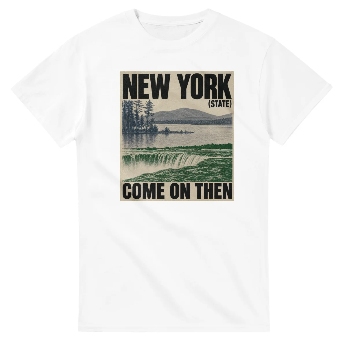 Two-colour scenic illustration for New York (state), with the place name and COME ON THEN lettering.