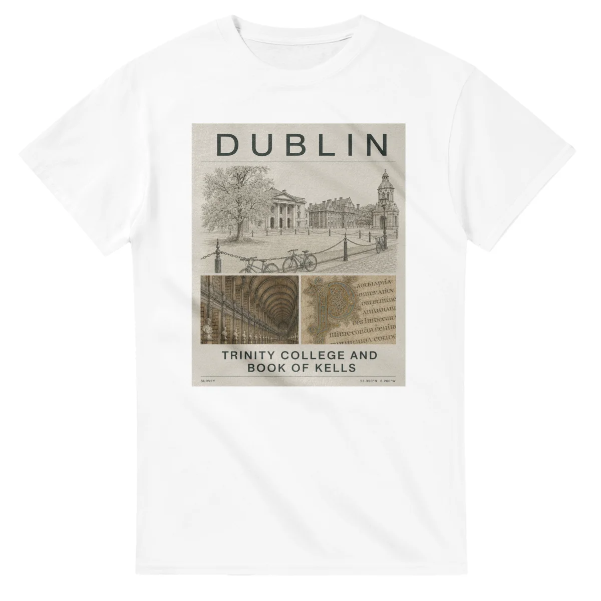 Fine-line engraving-style drawing for Dublin, with a landmark caption and small coordinate text.