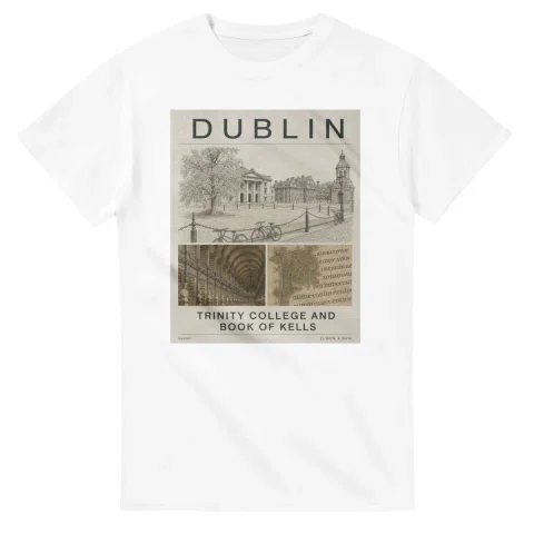 Fine-line engraving-style drawing for Dublin, with a landmark caption and small coordinate text.