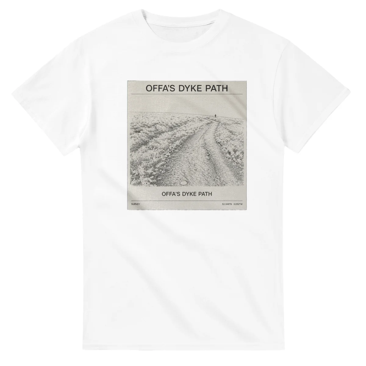 Fine-line engraving-style drawing for Offa's Dyke Path, with a landmark caption and small coordinate text.