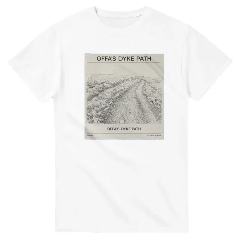 Fine-line engraving-style drawing for Offa's Dyke Path, with a landmark caption and small coordinate text.