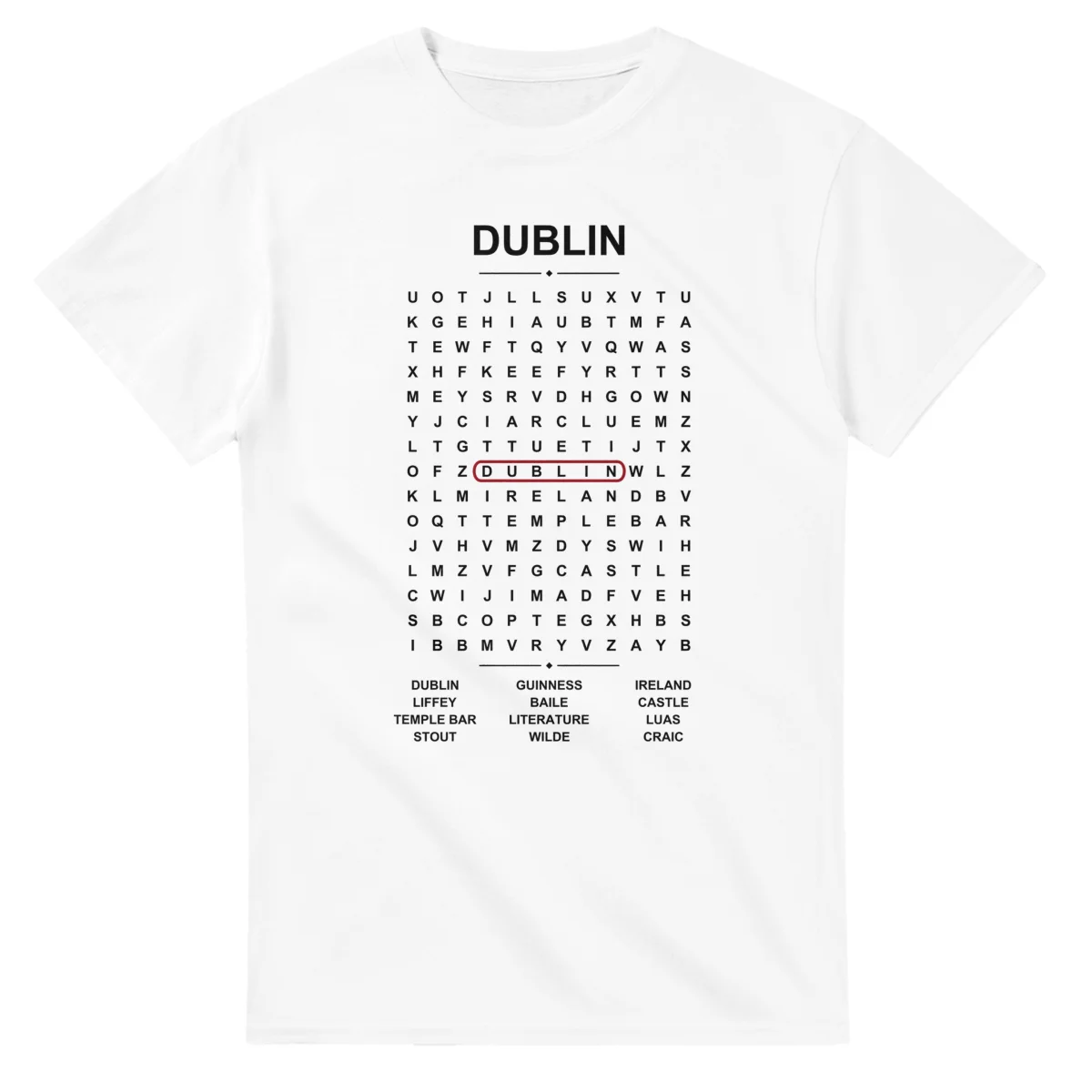 Word-search sheet for Dublin, with a large place-name heading, a letter grid, a local answer list, and a red highlighted example word.
