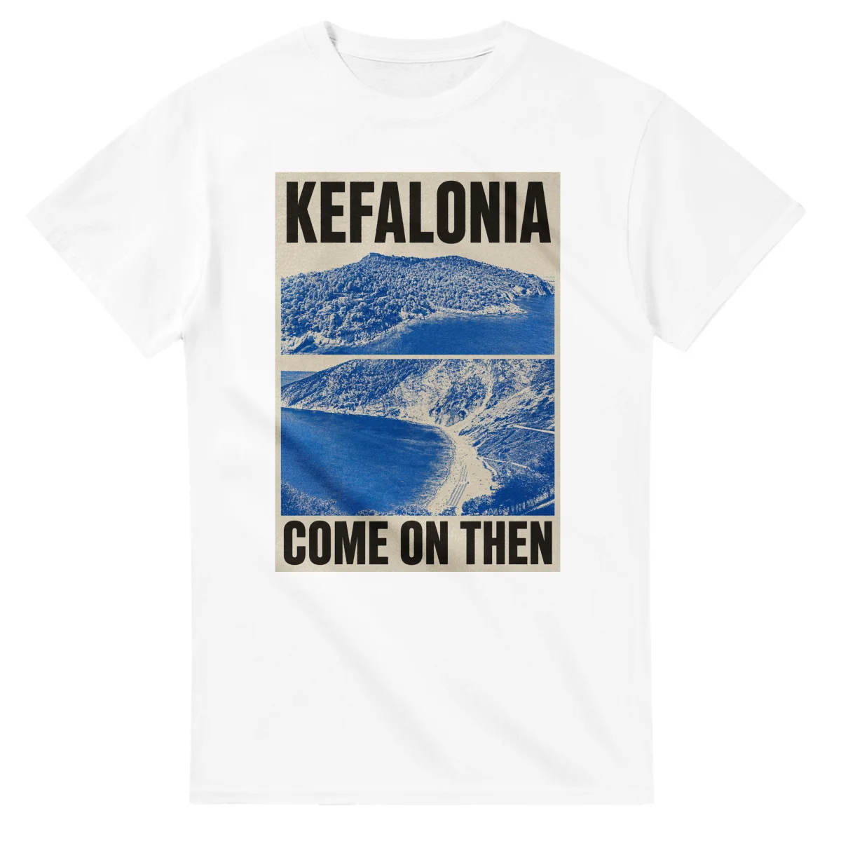 Two-colour scenic illustration for Kefalonia, with the place name and COME ON THEN lettering.