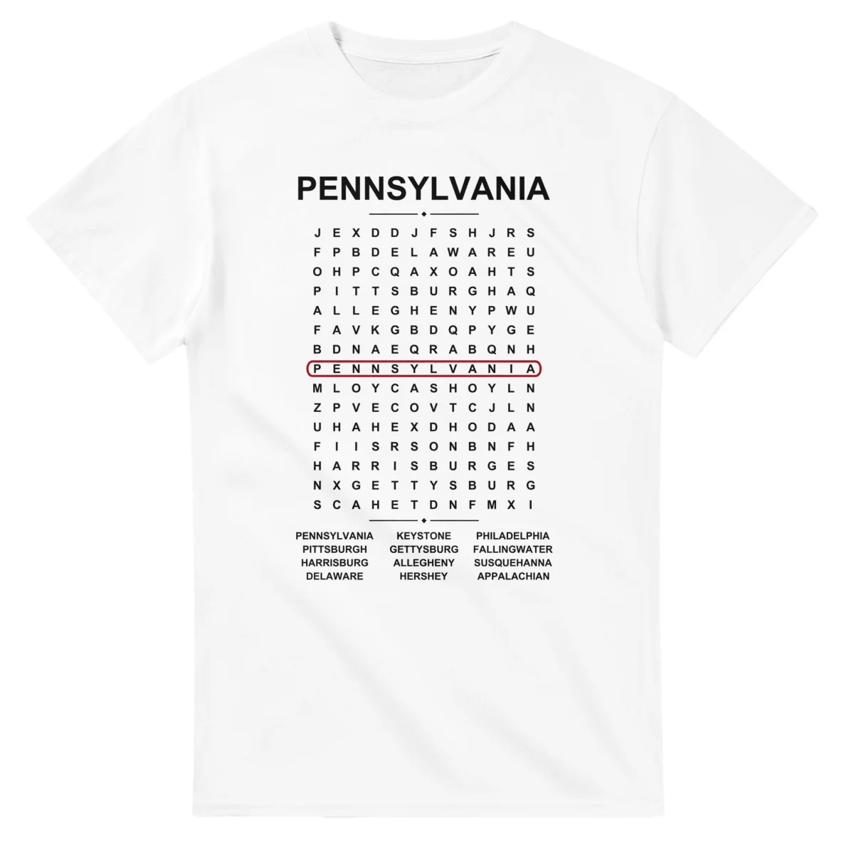 Word-search sheet for Pennsylvania, with a large place-name heading, a letter grid, a local answer list, and a red highlighted example word.