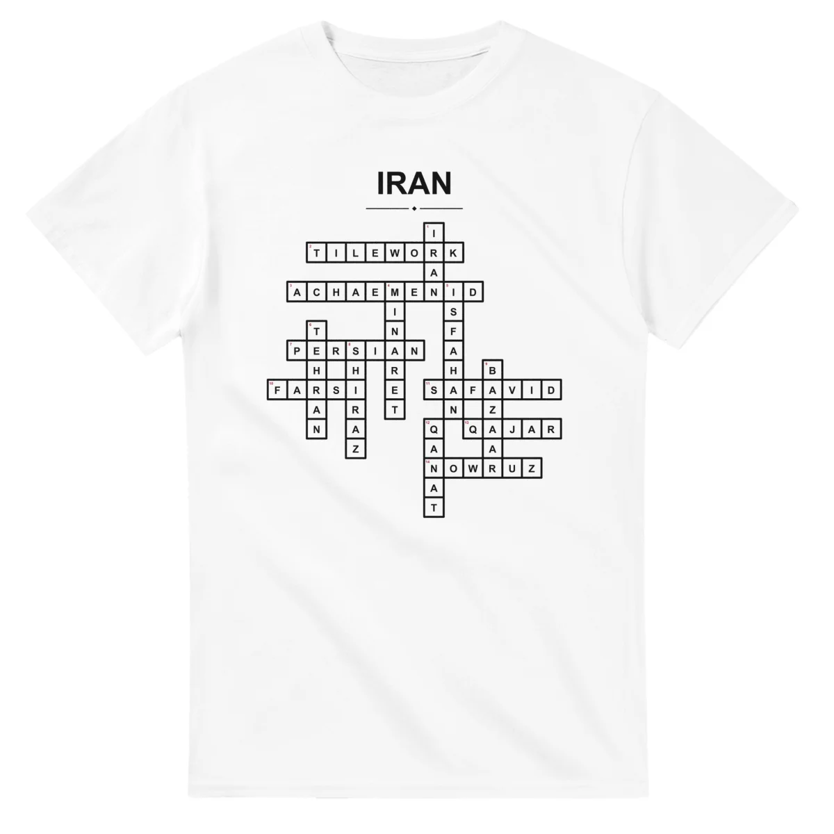 Monochrome crossword sheet for Iran, with a large place-name heading, a letter grid, and numbered across and down clues.