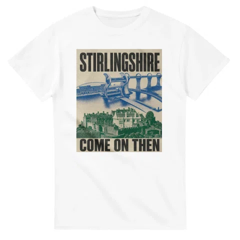 Two-colour scenic illustration for Stirlingshire, with the place name and COME ON THEN lettering.