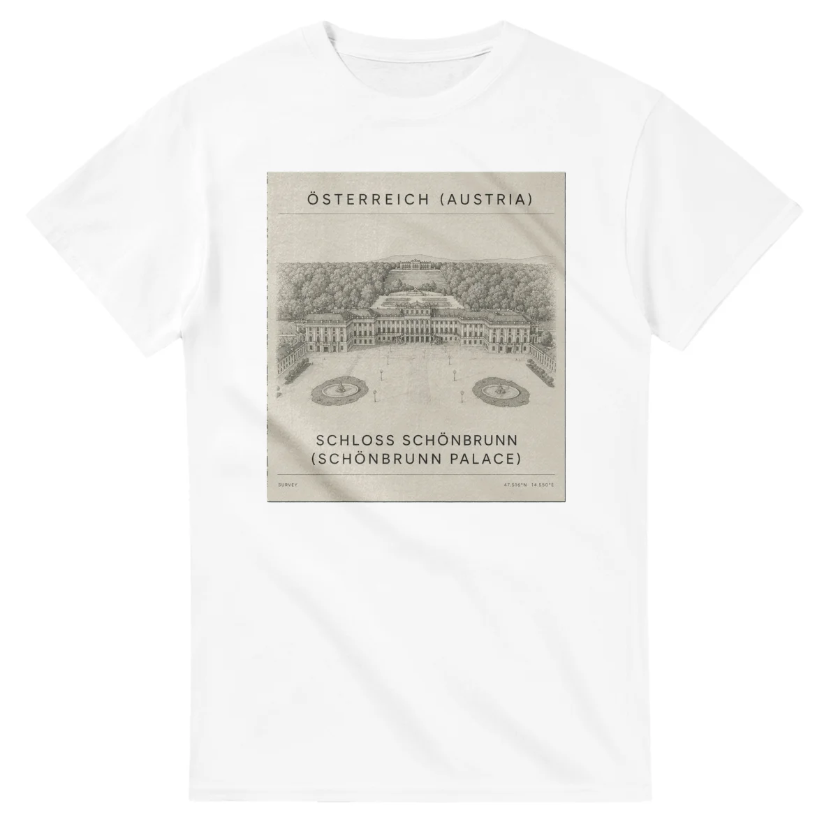 Fine-line engraving-style drawing for Österreich (Austria), with a landmark caption and small coordinate text.