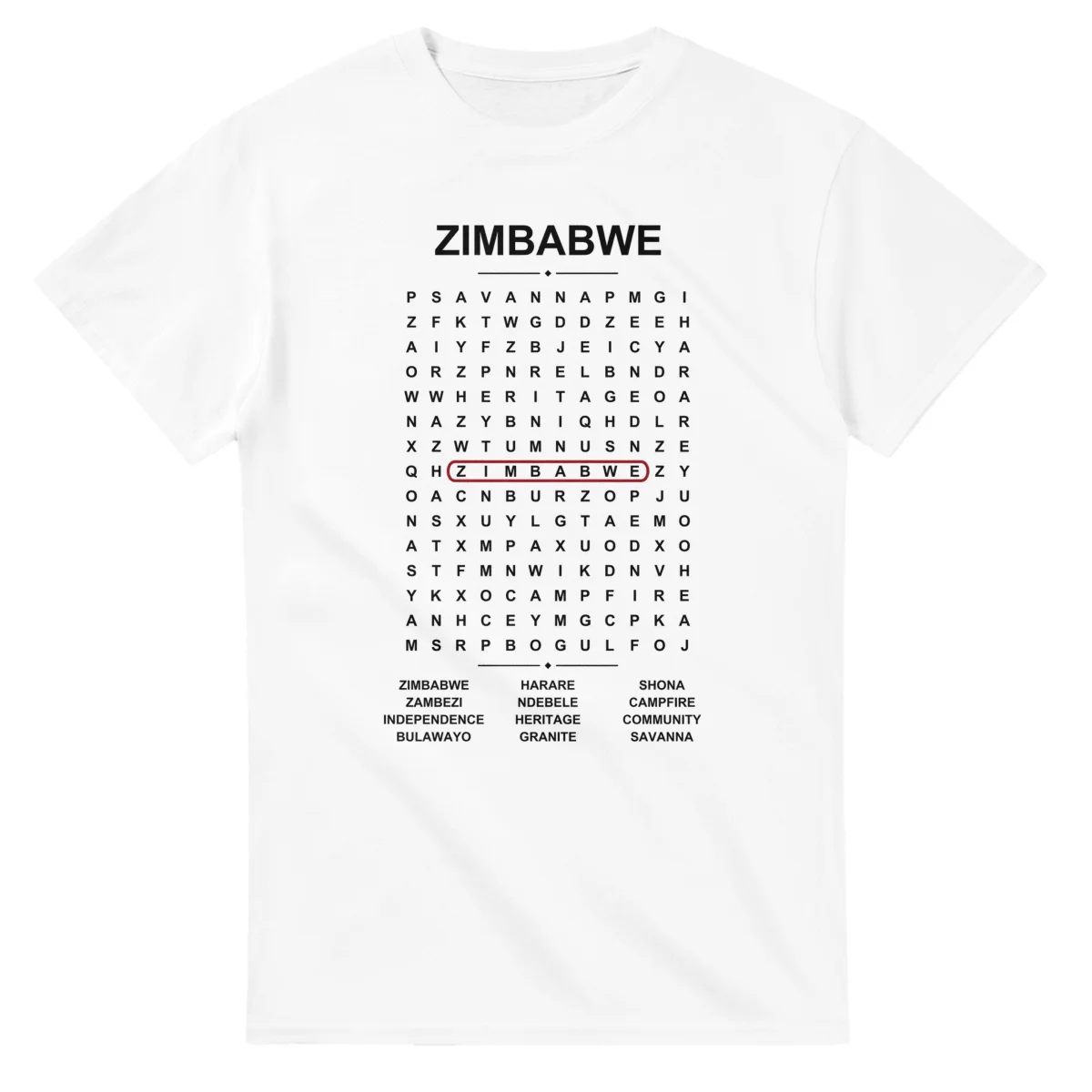 Word-search sheet for Zimbabwe, with a large place-name heading, a letter grid, a local answer list, and a red highlighted example word.