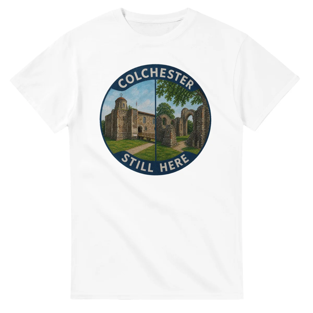 Painted, panelled scenic illustration for Colchester, with paired local scenes and the place name in lettering.