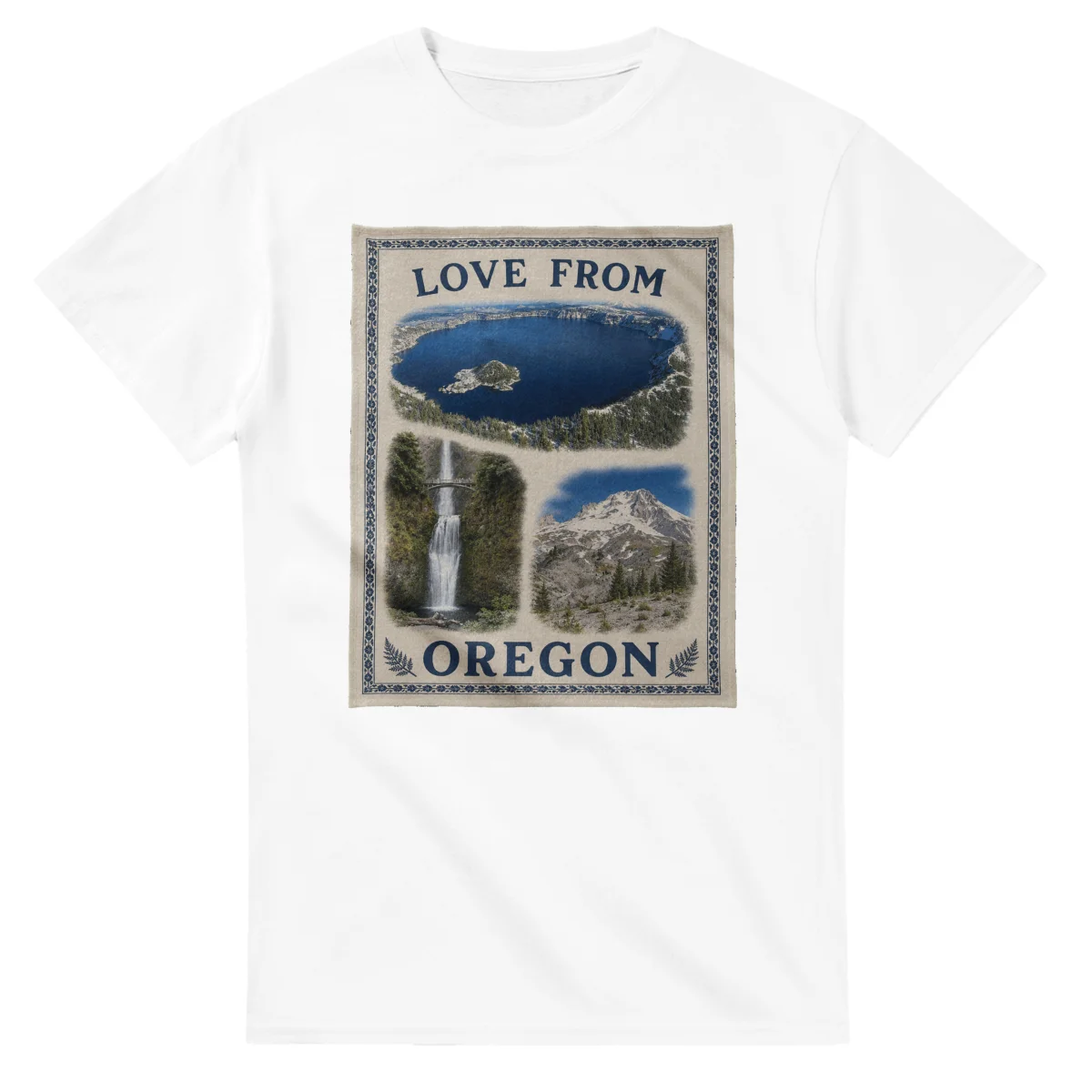 Framed scenic design for Oregon, with several local views, a decorative border and LOVE FROM lettering.