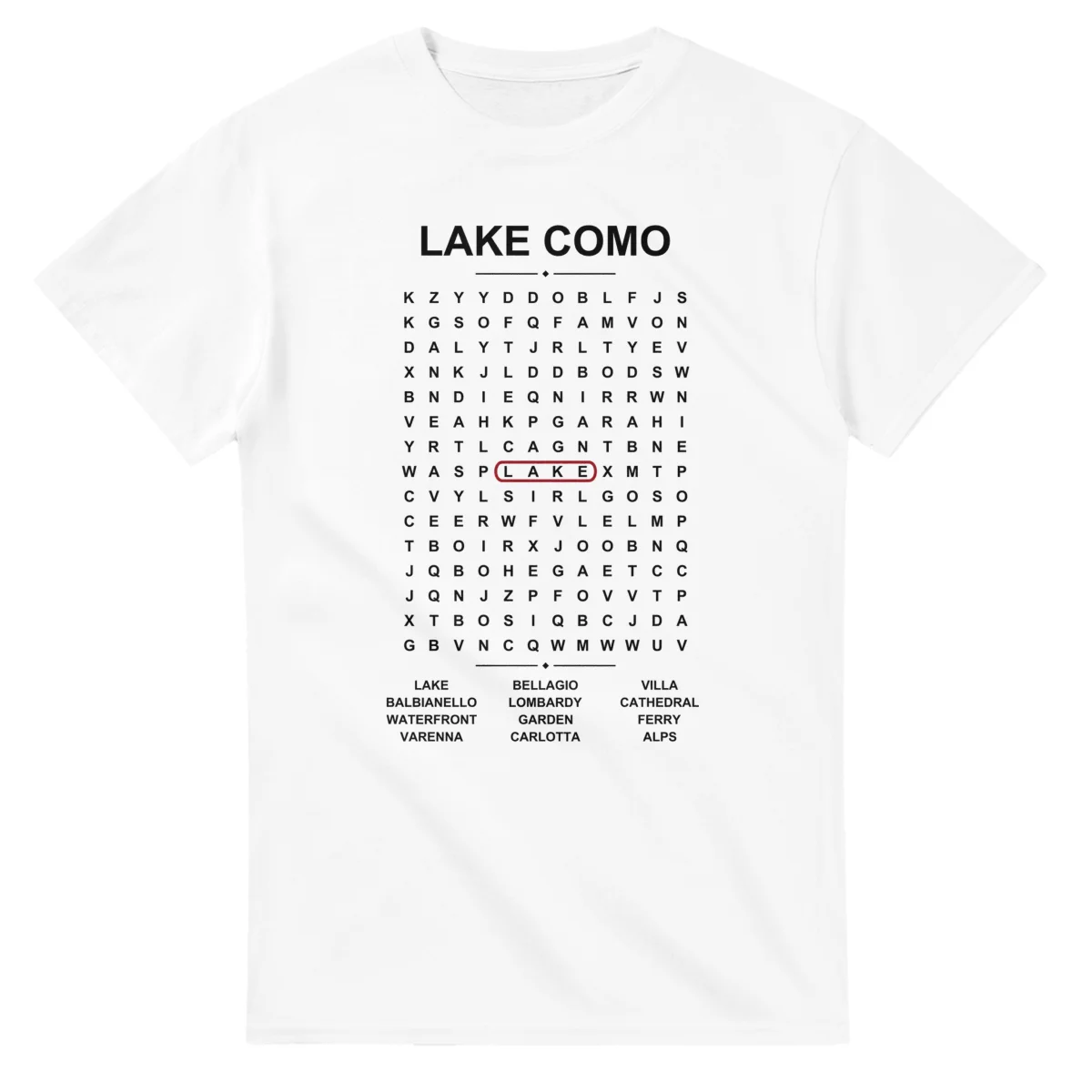 Word-search sheet for Lake Como, with a large place-name heading, a letter grid, a local answer list, and a red highlighted example word.