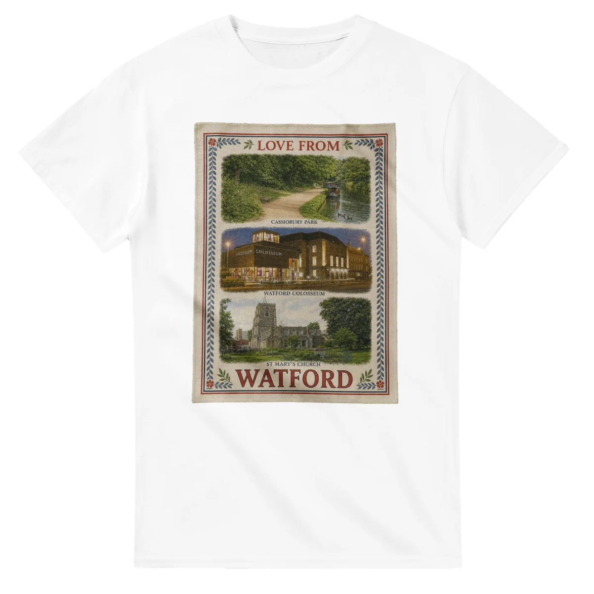 Framed scenic design for Watford, with several local views, a decorative border and LOVE FROM lettering.