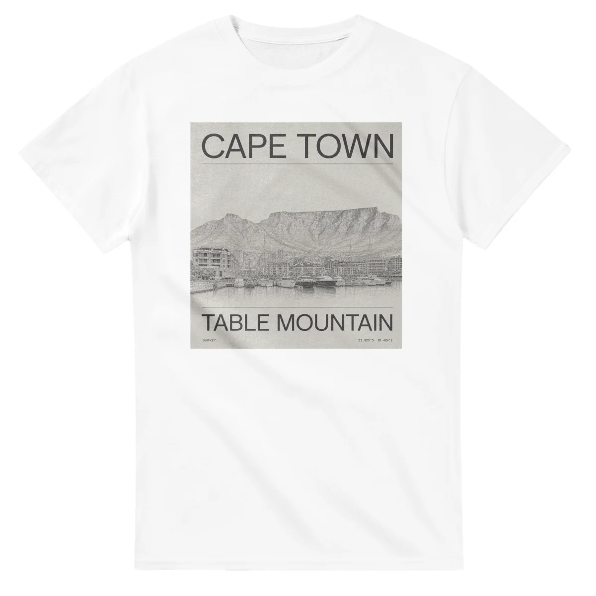 Fine-line engraving-style drawing for Cape Town, with a landmark caption and small coordinate text.