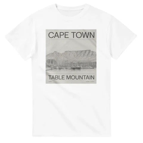 Fine-line engraving-style drawing for Cape Town, with a landmark caption and small coordinate text.