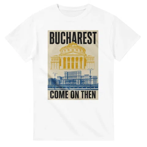 Two-colour scenic illustration for Bucharest, with the place name and COME ON THEN lettering.