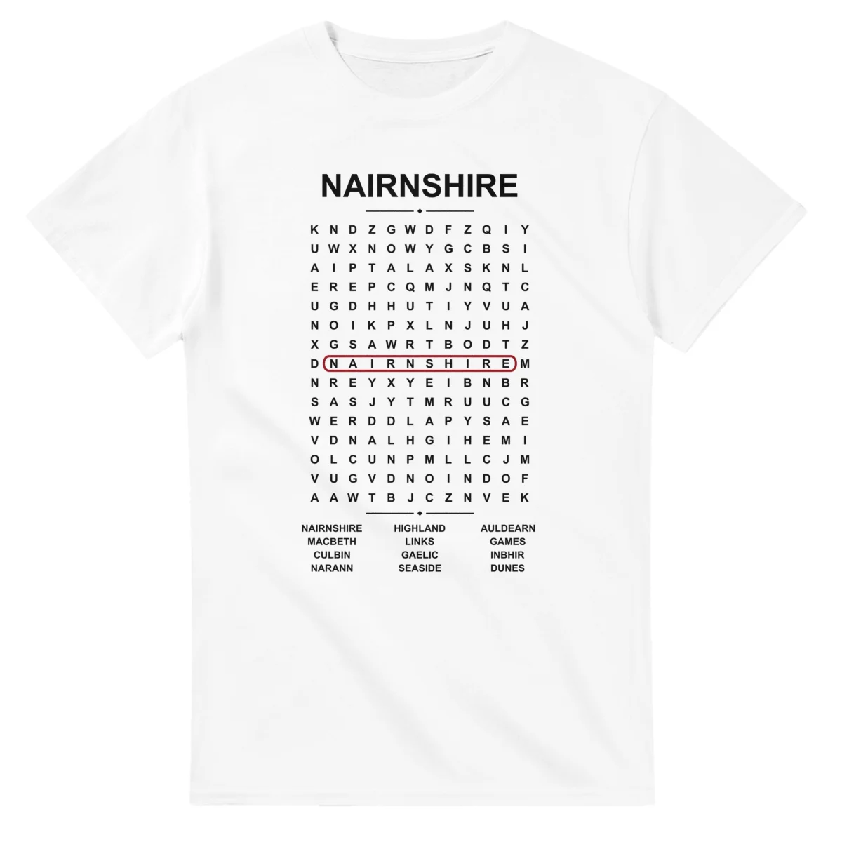 Word-search sheet for Nairnshire, with a large place-name heading, a letter grid, a local answer list, and a red highlighted example word.