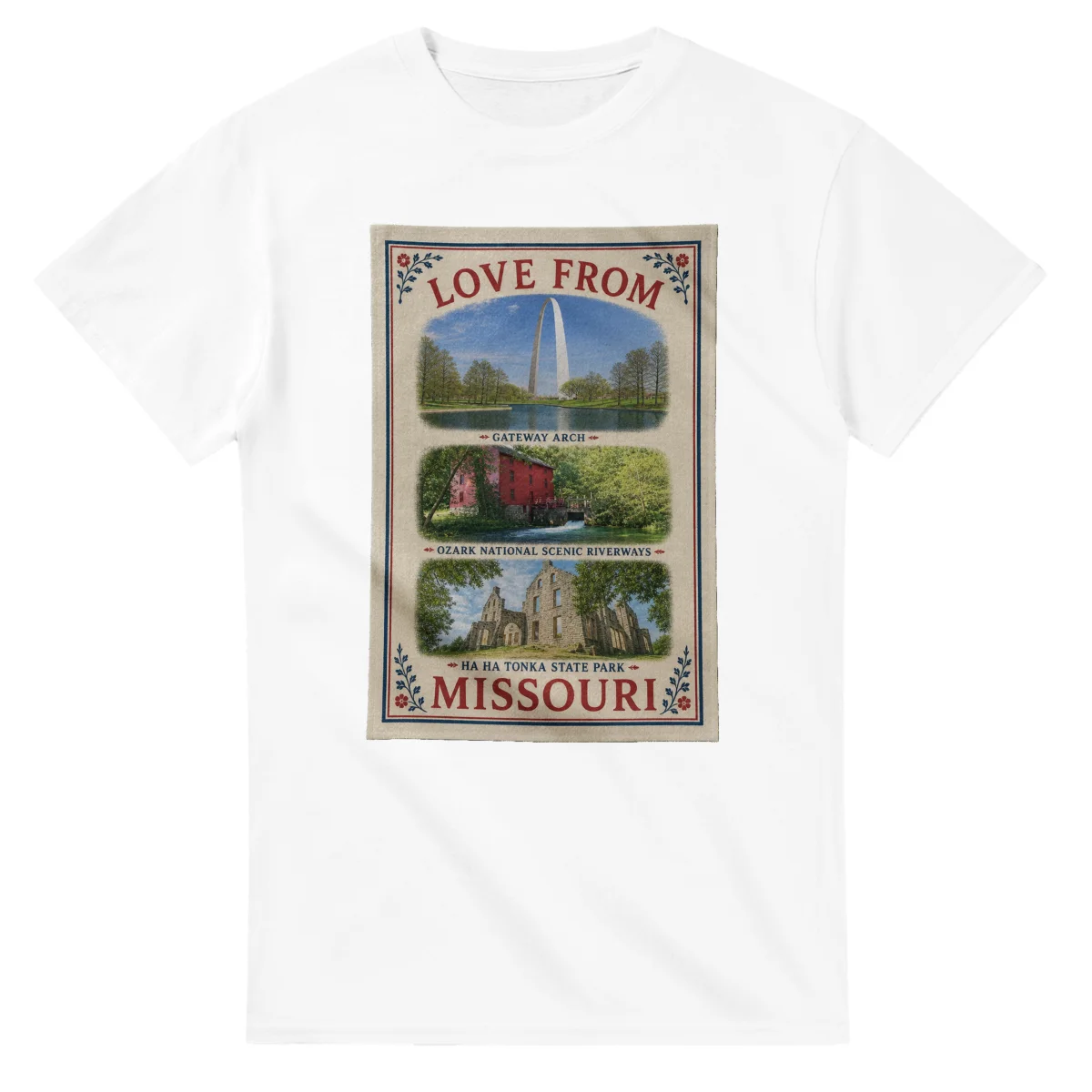 Framed scenic design for Missouri, with several local views, a decorative border and LOVE FROM lettering.
