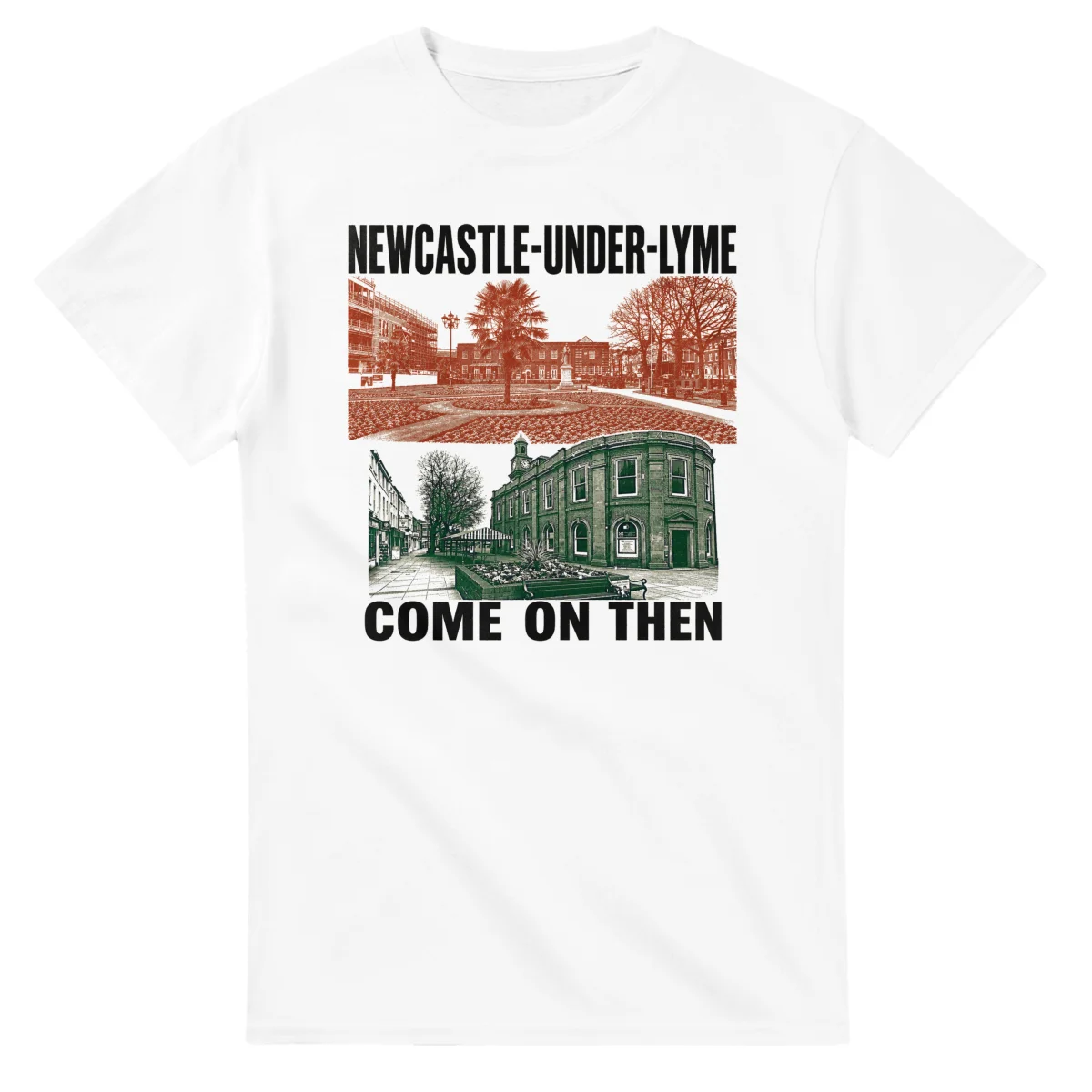 Two-colour scenic illustration for Newcastle-under-Lyme, with the place name and COME ON THEN lettering.