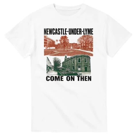 Two-colour scenic illustration for Newcastle-under-Lyme, with the place name and COME ON THEN lettering.