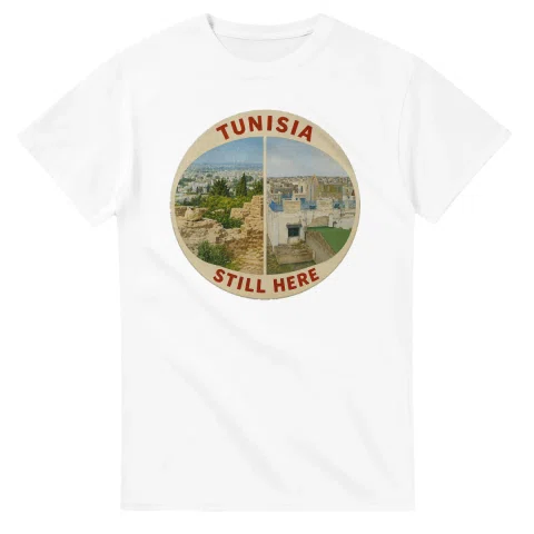 Painted, panelled scenic illustration for Tunisia, with paired local scenes and the place name in lettering.