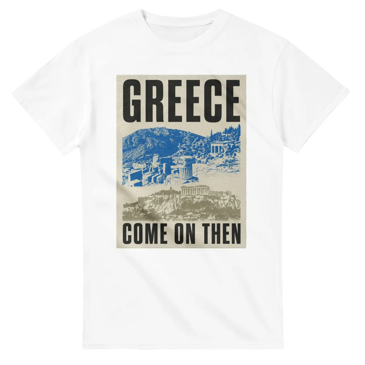 Two-colour scenic illustration for Greece, with the place name and COME ON THEN lettering.