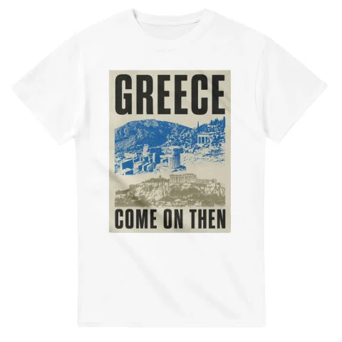 Two-colour scenic illustration for Greece, with the place name and COME ON THEN lettering.