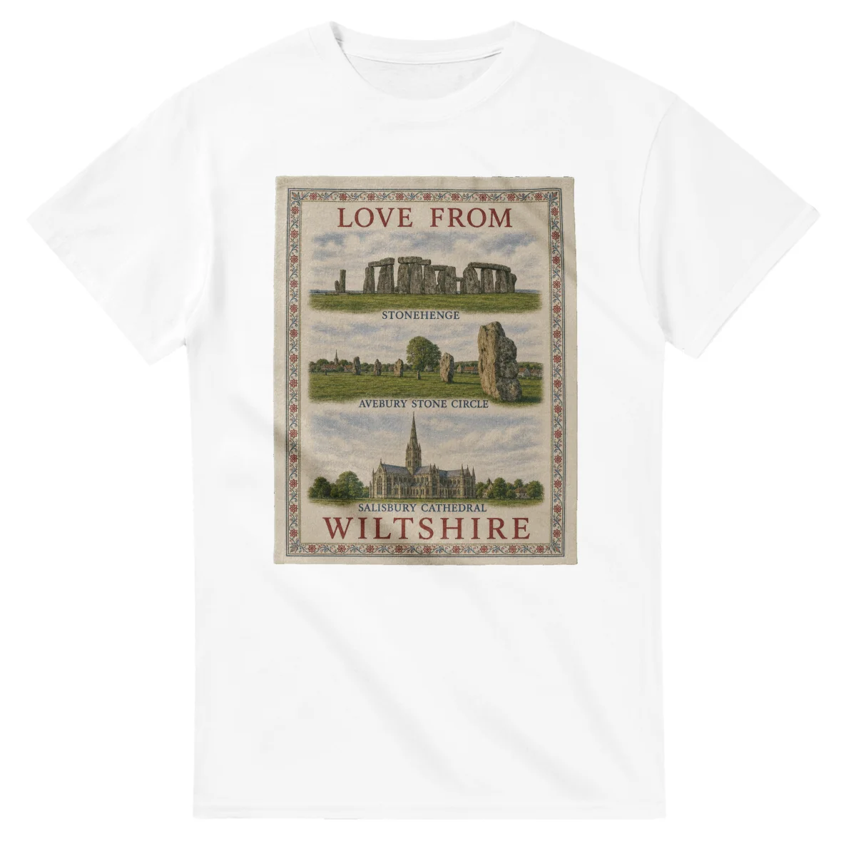 Framed scenic design for Wiltshire, with several local views, a decorative border and LOVE FROM lettering.