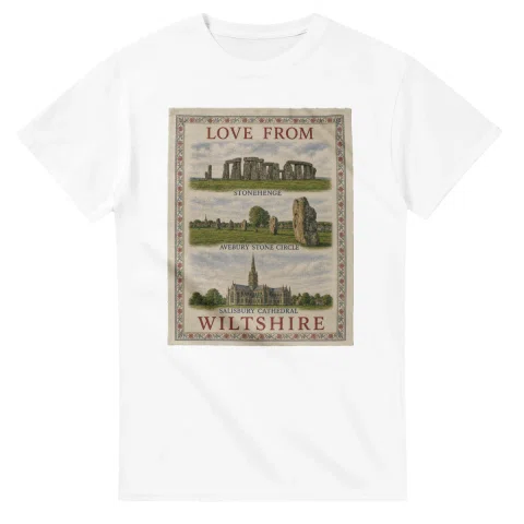 Framed scenic design for Wiltshire, with several local views, a decorative border and LOVE FROM lettering.
