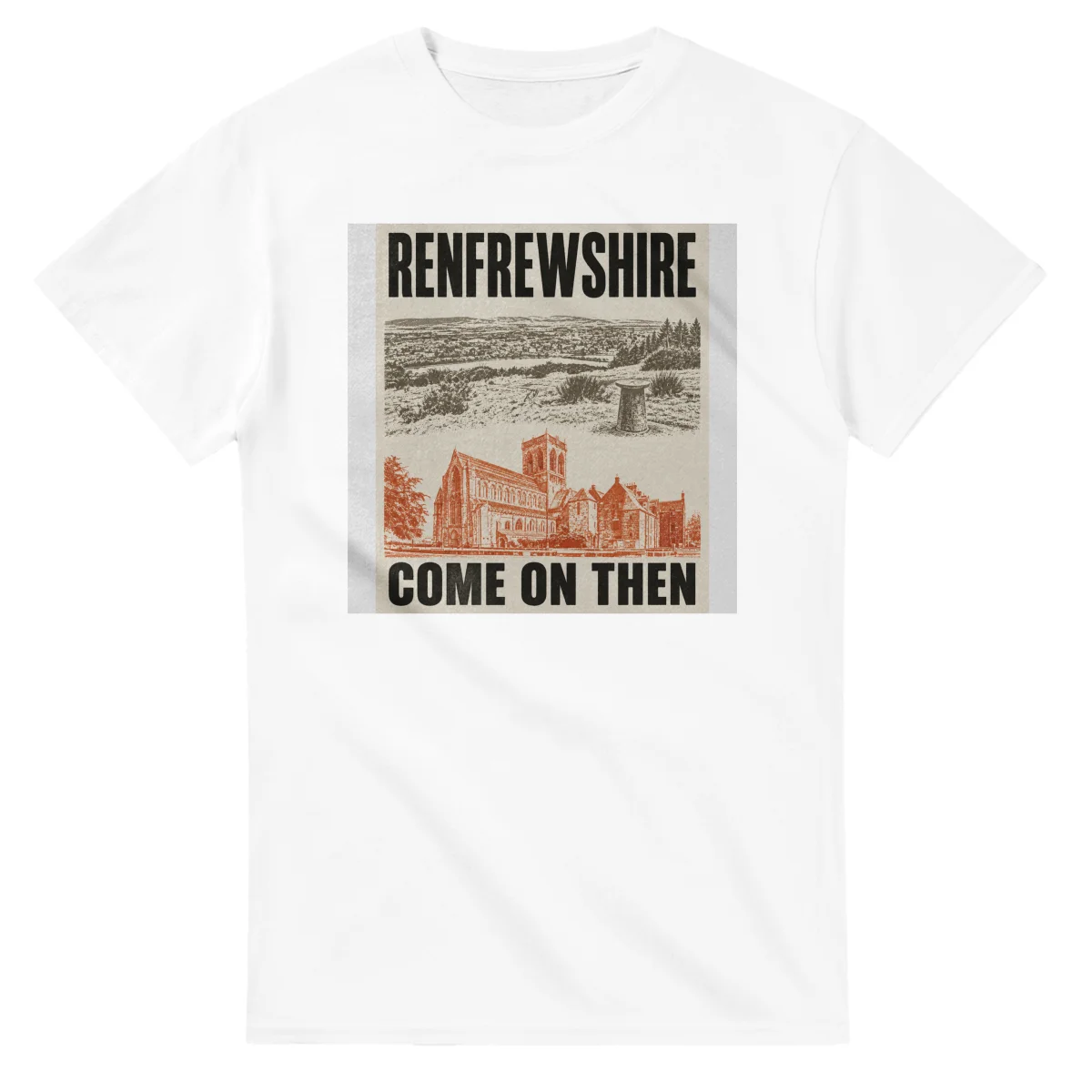 Two-colour scenic illustration for Renfrewshire, with the place name and COME ON THEN lettering.