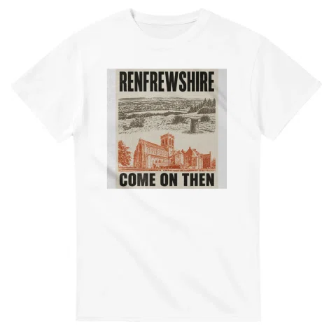 Two-colour scenic illustration for Renfrewshire, with the place name and COME ON THEN lettering.
