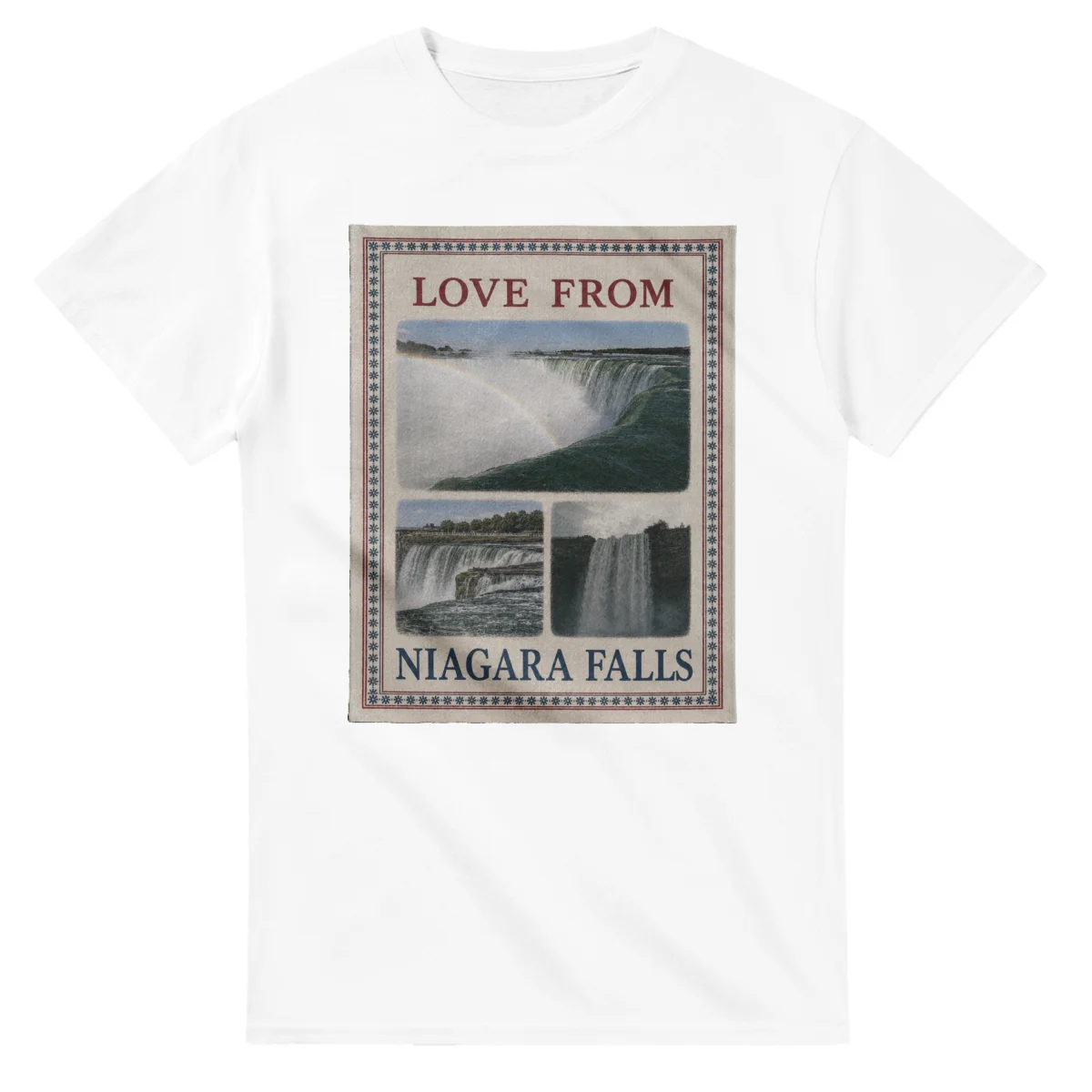 Framed scenic design for Niagara Falls, with several local views, a decorative border and LOVE FROM lettering.