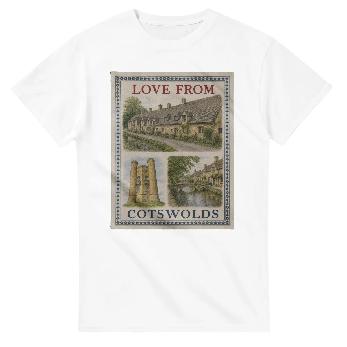 Framed scenic design for Cotswolds, with several local views, a decorative border and LOVE FROM lettering.