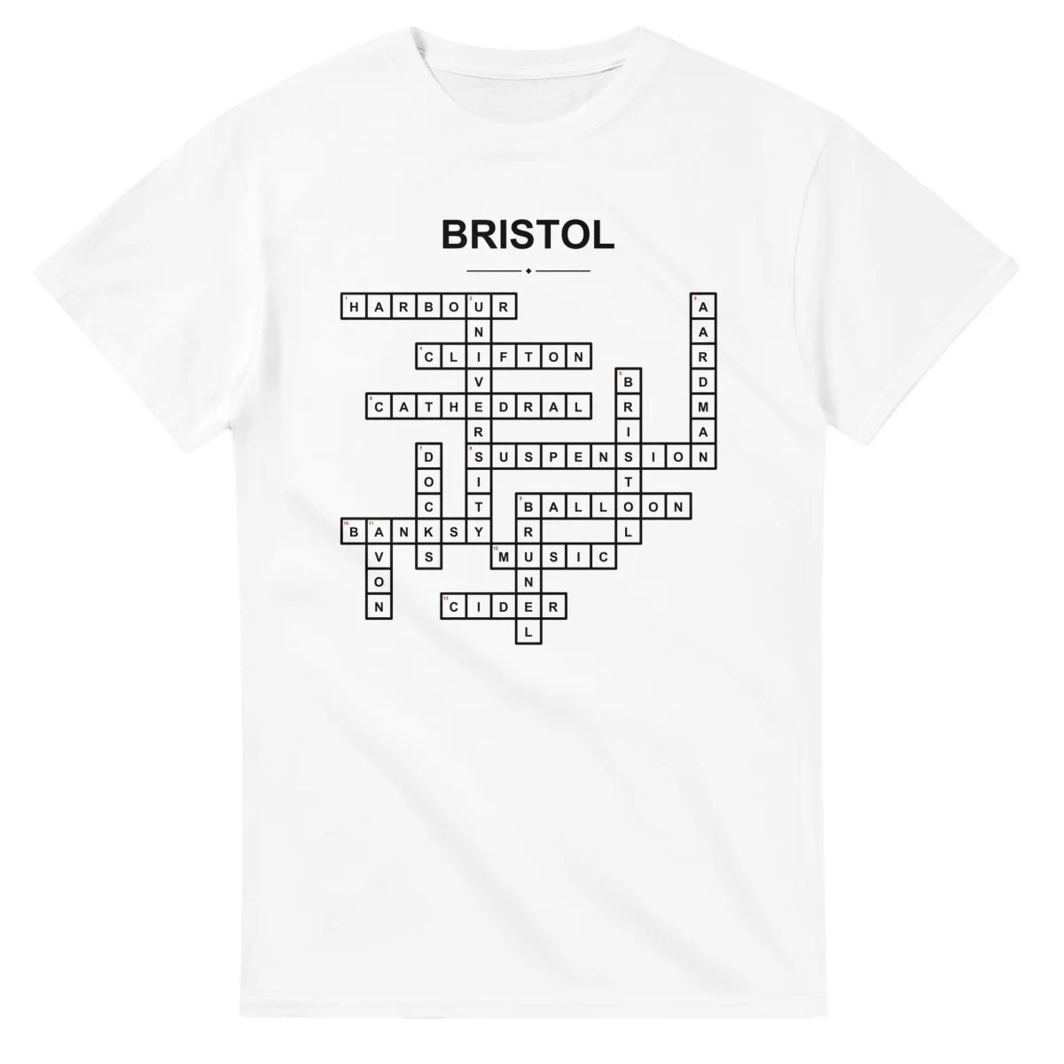 Monochrome crossword sheet for Bristol, with a large place-name heading, a letter grid, and numbered across and down clues.