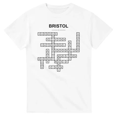 Monochrome crossword sheet for Bristol, with a large place-name heading, a letter grid, and numbered across and down clues.