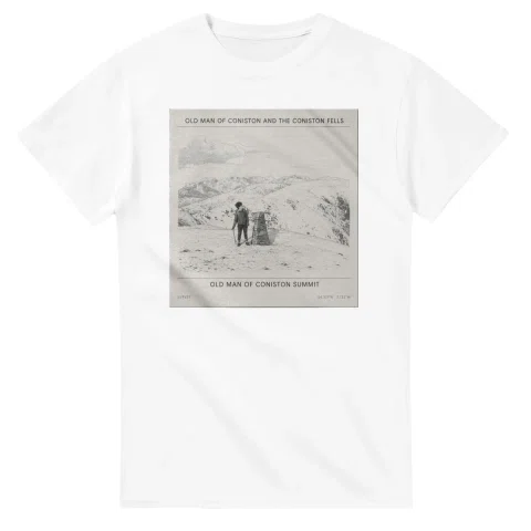 Fine-line engraving-style drawing for Old Man of Coniston, with a landmark caption and small coordinate text.