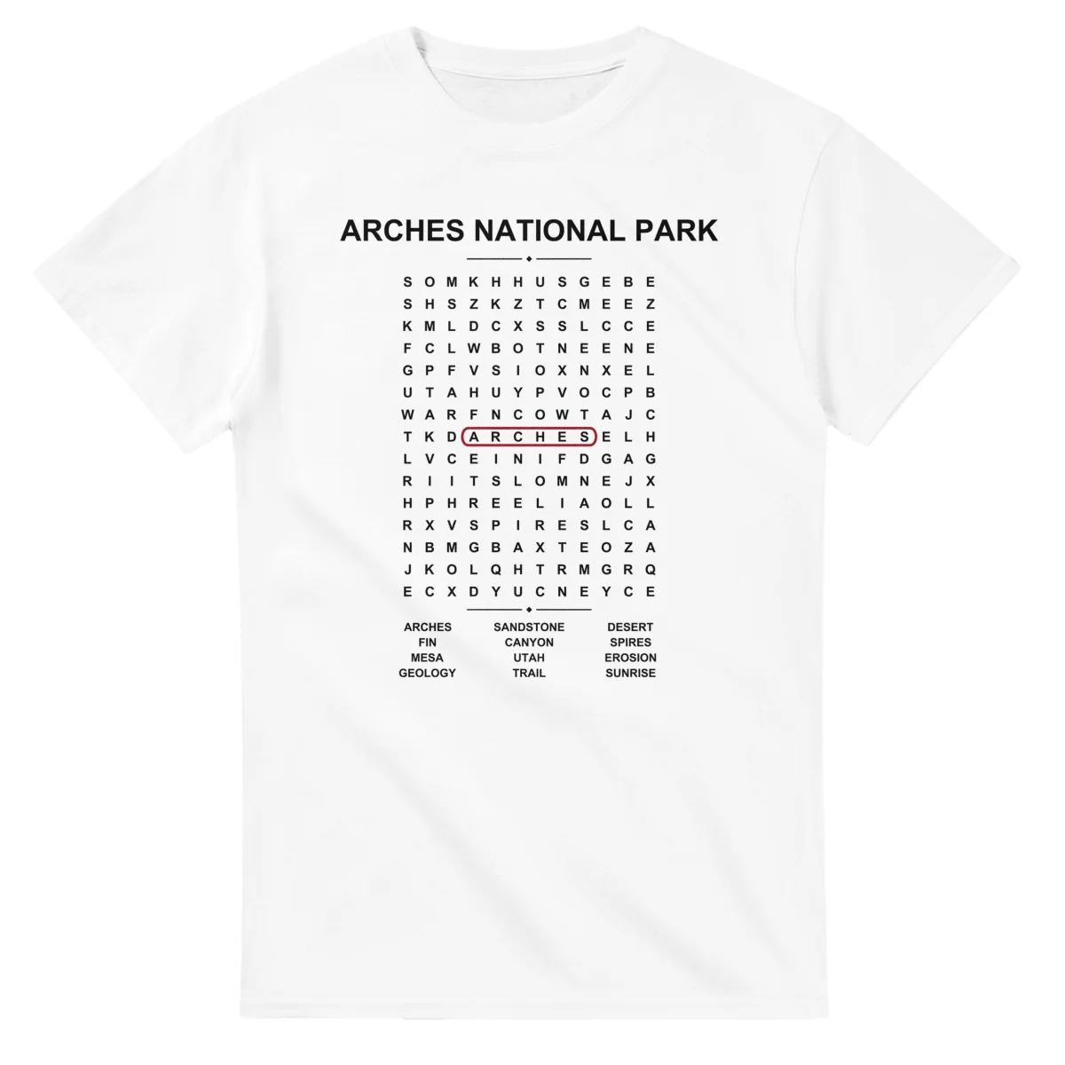 Word-search sheet for Arches National Park, with a large place-name heading, a letter grid, a local answer list, and a red highlighted example word.