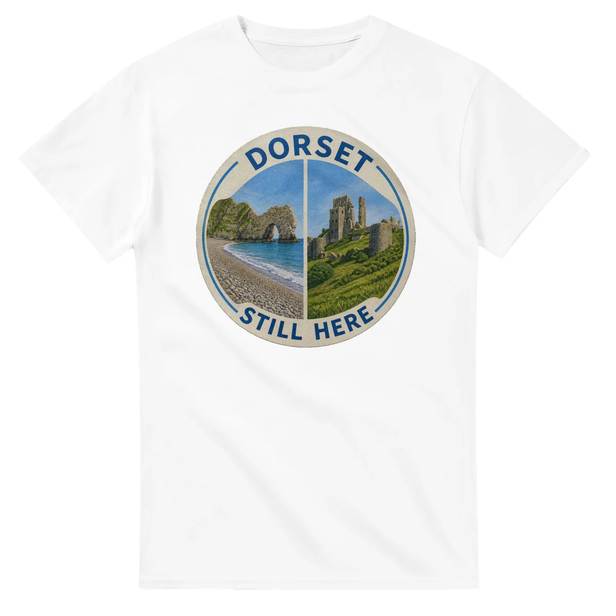 Painted, panelled scenic illustration for Dorset, with paired local scenes and the place name in lettering.
