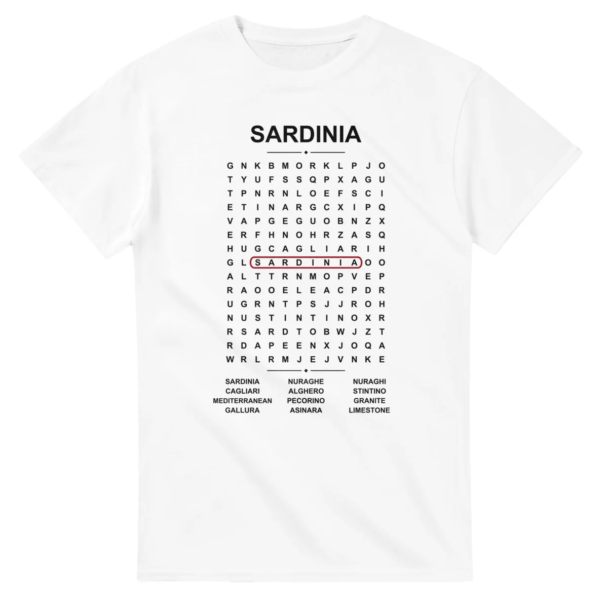 Word-search sheet for Sardinia, with a large place-name heading, a letter grid, a local answer list, and a red highlighted example word.