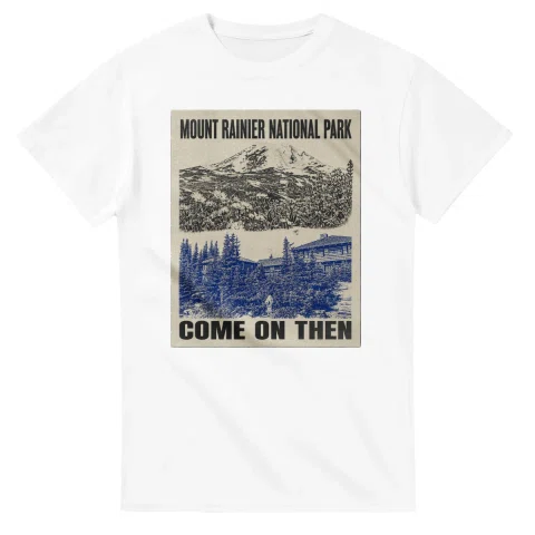 Two-colour scenic illustration for Mount Rainier National Park, with the place name and COME ON THEN lettering.