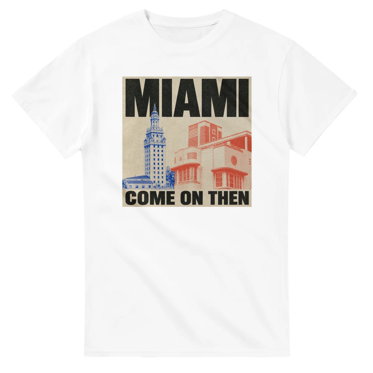 Two-colour scenic illustration for Miami, with the place name and COME ON THEN lettering.