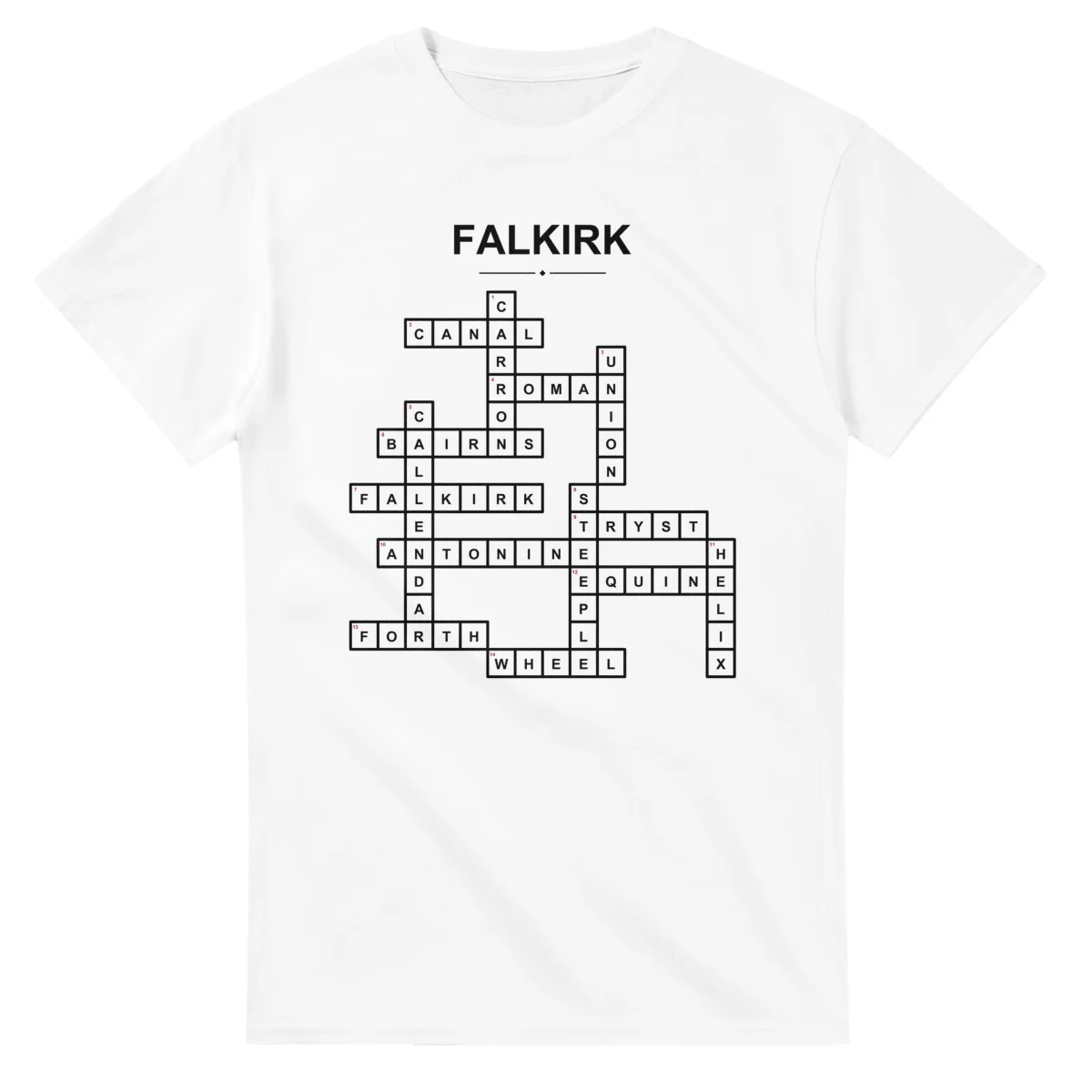 Monochrome crossword sheet for Falkirk, with a large place-name heading, a letter grid, and numbered across and down clues.