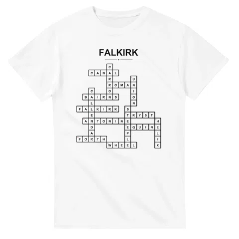 Monochrome crossword sheet for Falkirk, with a large place-name heading, a letter grid, and numbered across and down clues.