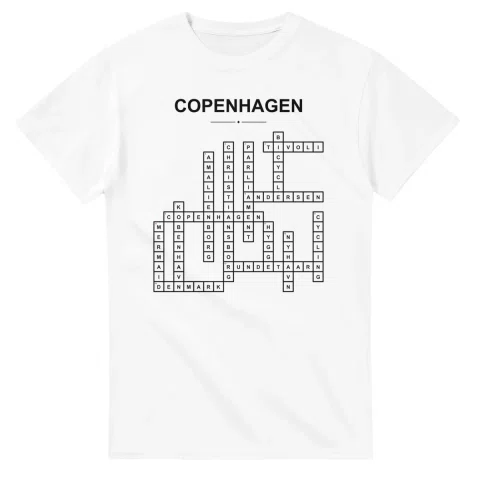 Monochrome crossword sheet for Copenhagen, with a large place-name heading, a letter grid, and numbered across and down clues.